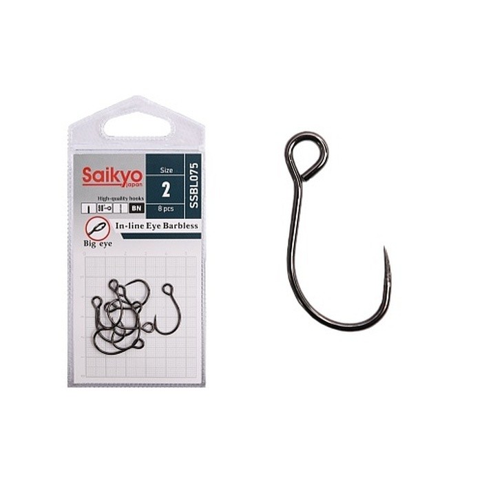 Крючок Одинарный Saikyo SSBL075 In-line Eye Barbless №2 8 шт BN   SSBL075-BN2-8 — характеристики,  особенности конструкции