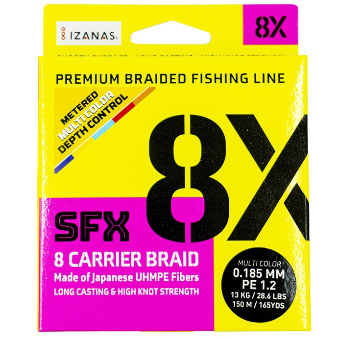 Плетеный шнур Sufix SFX 8X 150 м  PE # 1,2 Разноцветная 0,185 мм   SFX8B185M150 — характеристики,
	                                    особенности конструкции