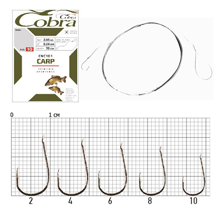 Поводок Cobra Carp CNC101 70 см  0,24 мм  10 шт №2  CNC101-002 — характеристики,
	                                    особенности конструкции