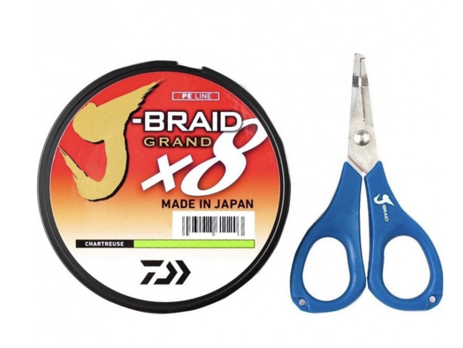 Плетеный шнур Daiwa J-braid X8E-W/SC 300 м  PE # 3 Chartreuse 0,24 мм + Ножницы — крупный план
	                                    3