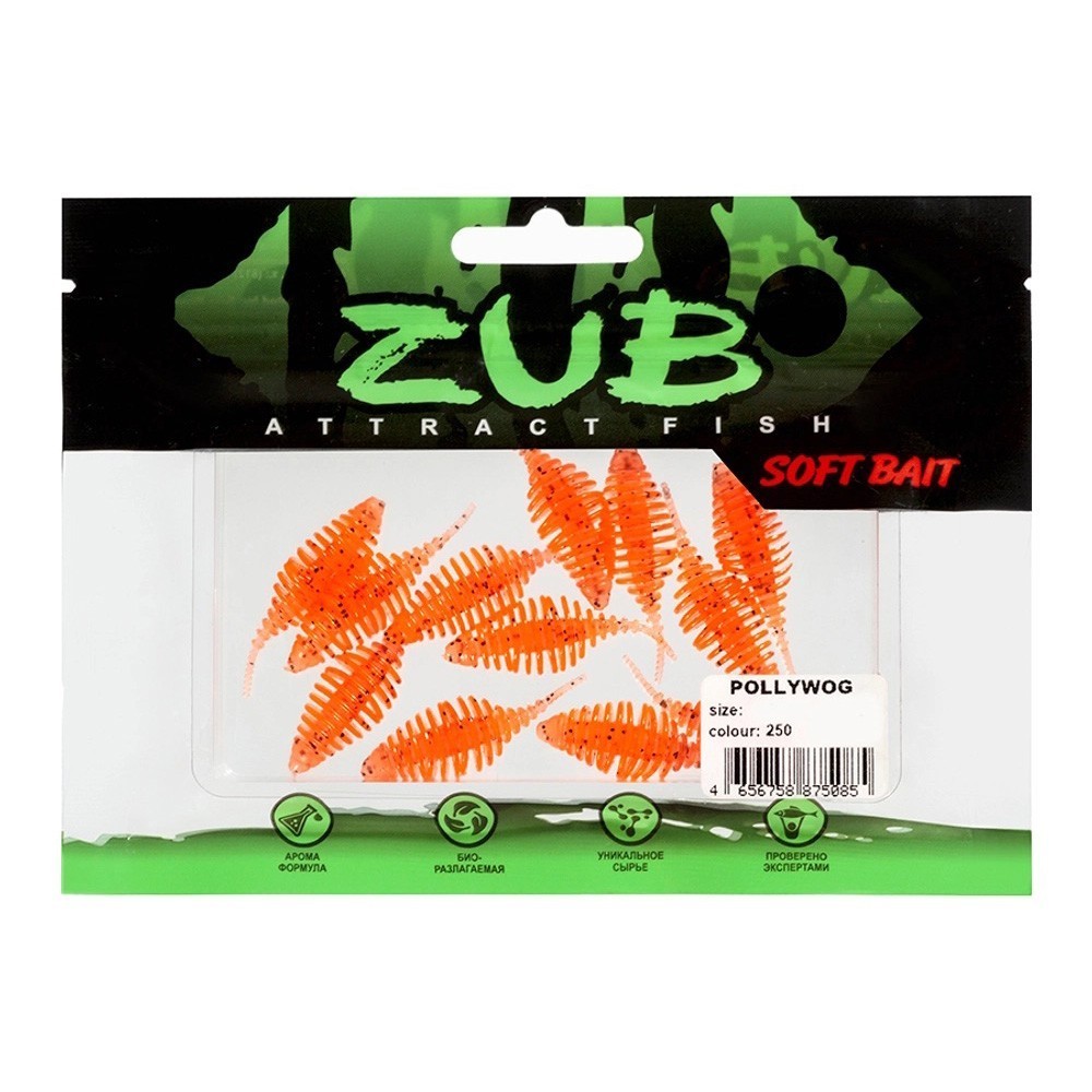 Силиконовая приманка ZUB Pollywog 40 мм 12 шт 250 морковный с блестками   LVR011 — крупный план
	                                    2