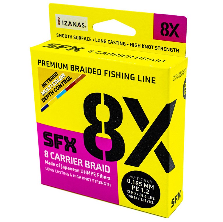 Плетеный шнур Sufix SFX 8X 150 м  PE # 1,2 Разноцветная 0,185 мм   SFX8B185M150 — крупный план
	                                    2