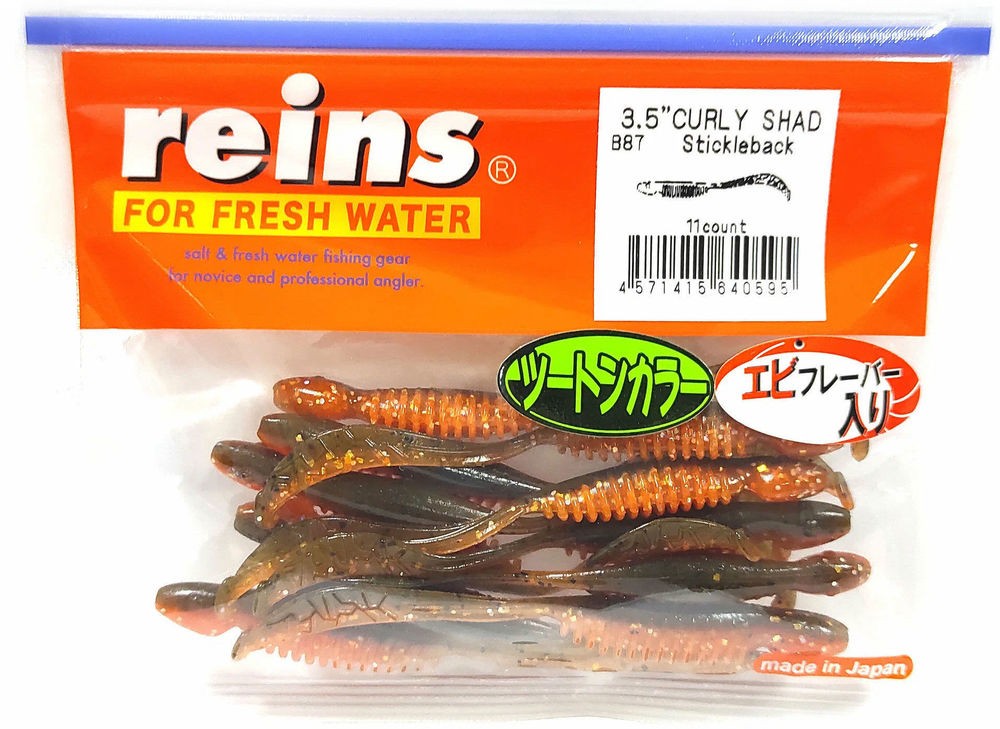 Силиконовая приманка Reins Curly Shad 3.5 90 мм 11 шт B87-Stickleback   ST3.5-B87 — характеристики,  особенности конструкции