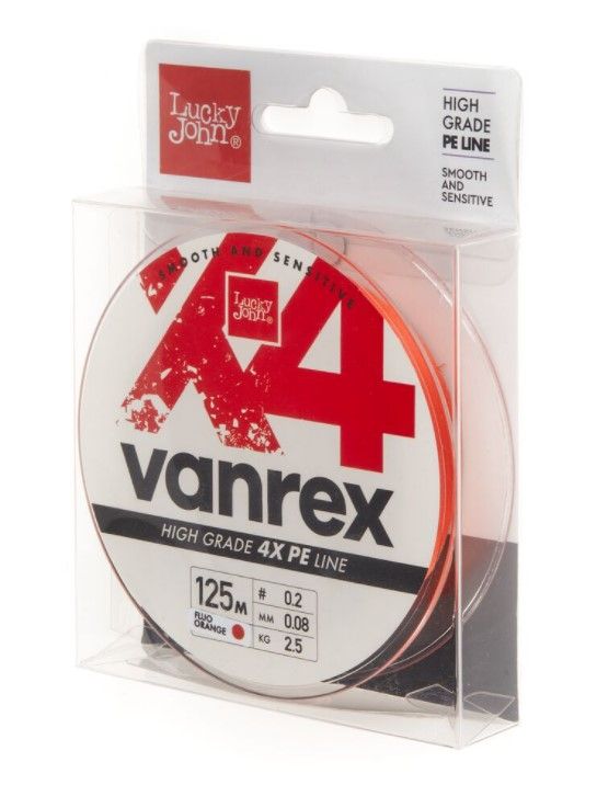 Плетеный шнур Lucky John Vanrex х4 Braid 125 м  PE # 0,2 Fluo Orange 0,08 мм   LJ4113-008 — крупный план
	                                    1