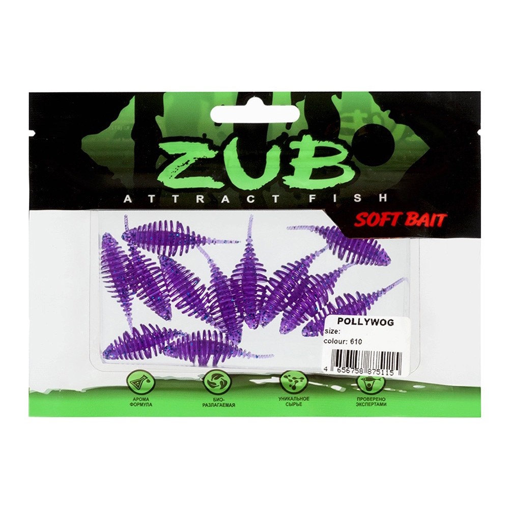 Силиконовая приманка ZUB Pollywog 40 мм 12 шт 610 фиолетовый с блестками   LVR014 — крупный план
	                                    2