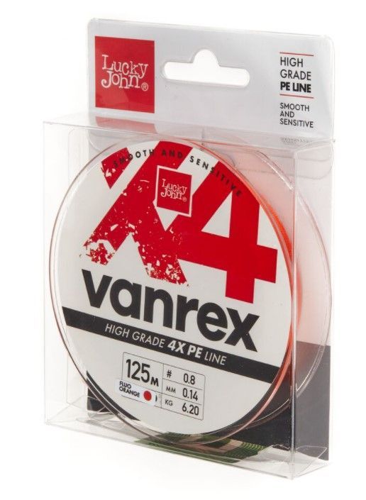 Плетеный шнур Lucky John Vanrex х4 Braid 125 м  PE # 0,8 Fluo Orange 0,14 мм   LJ4113-014 — крупный план
	                                    1