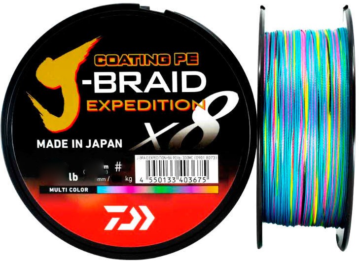 Плетеный шнур Daiwa J-braid Expedition X8E 300 м  PE # 0,6 Multi Color 0,06 мм — характеристики,  особенности конструкции