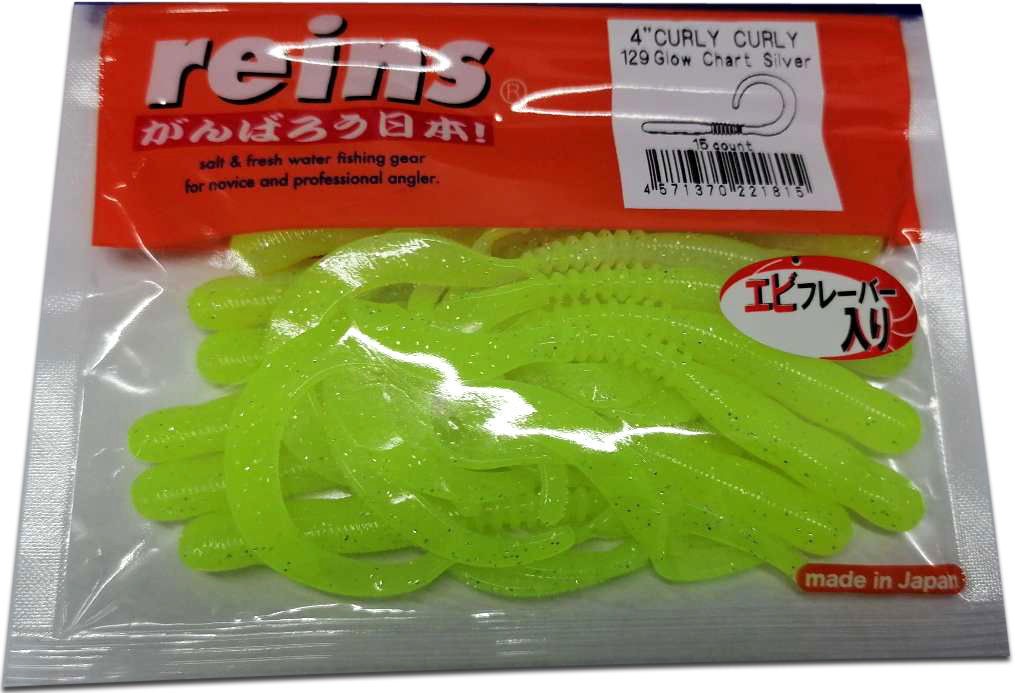 Силиконовая приманка Reins Curly Curly 100 мм 15 шт 129-Glow Chart Silver   CC-129 — характеристики,  особенности конструкции