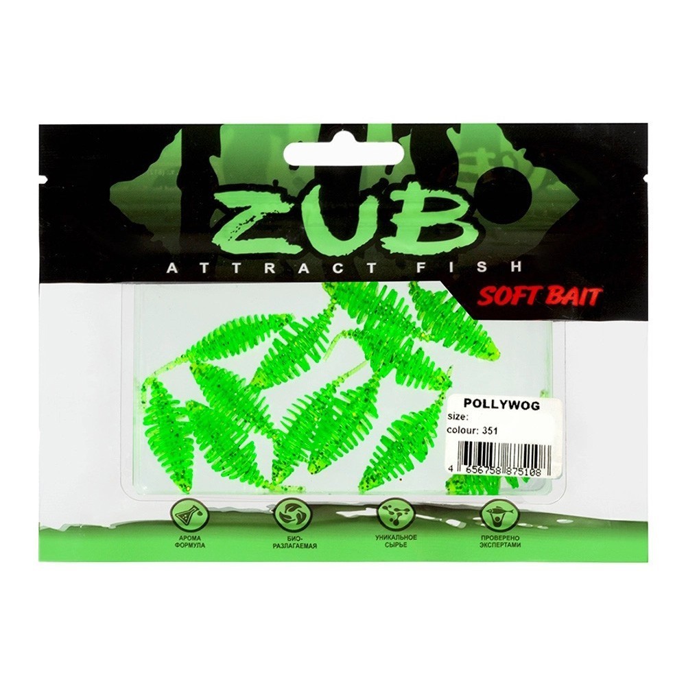 Силиконовая приманка ZUB Pollywog 40 мм 12 шт 351 шартрез с блестками   LVR013 — крупный план
	                                    2