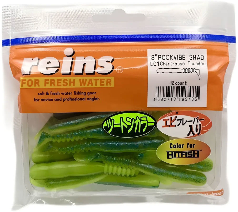 Силиконовая приманка Reins Rockvibe Shad 3 75 мм 12 шт L01-Chartreuse Thunder   RSH3-L01 — характеристики,  особенности конструкции
