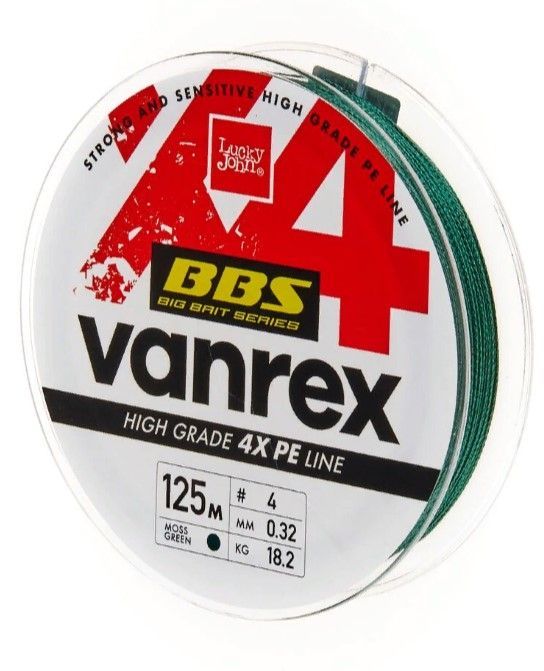 Плетеный шнур Lucky John Vanrex BBS x4 Braid 125 м  PE # 4 Moss Green 0,32 мм   LJ4114-032 — характеристики,
	                                    особенности конструкции