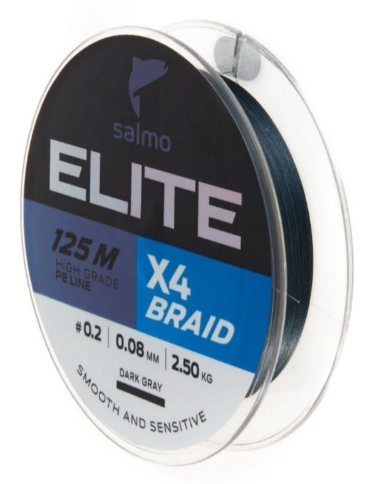 Плетеный шнур Salmo Elite х4 Braid 125 м  PE # 0,2 Dark Gray 0,08 мм   4950-008 — характеристики,
	                                    особенности конструкции