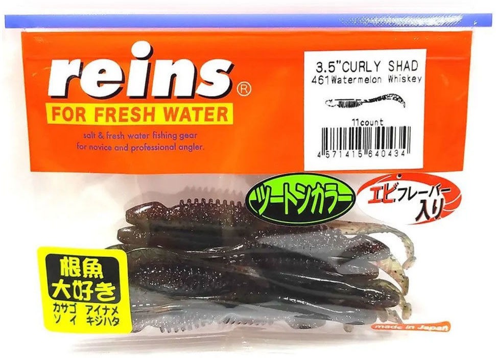 Силиконовая приманка Reins Curly Shad 3.5 90 мм 11 шт 461-Watermelon Whiskey   ST3.5-461 — характеристики,  особенности конструкции