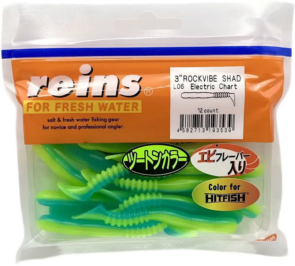 Силиконовая приманка Reins Rockvibe Shad 3 75 мм 12 шт L06-Electric Chart   RSH3-L06 — характеристики,  особенности конструкции
