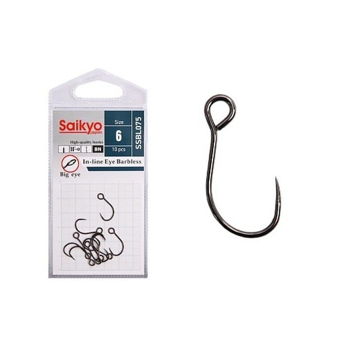 Крючок Одинарный Saikyo SSBL075 In-line Eye Barbless №6 10 шт BN   SSBL075-BN6-10 — характеристики,  особенности конструкции