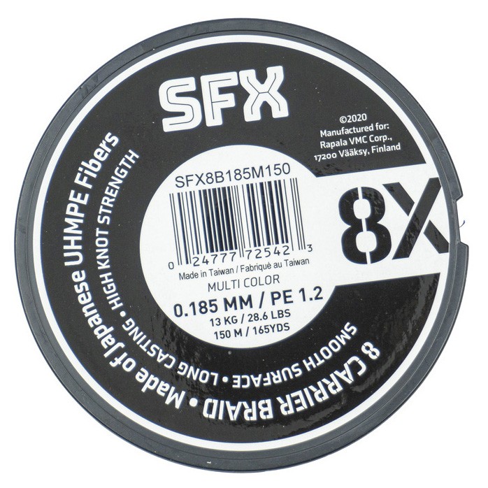 Плетеный шнур Sufix SFX 8X 150 м  PE # 1,2 Разноцветная 0,185 мм   SFX8B185M150 — крупный план
	                                    4