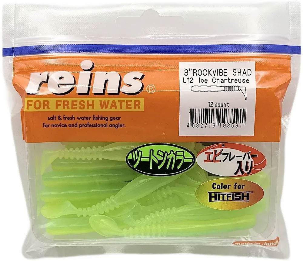 Силиконовая приманка Reins Rockvibe Shad 3 75 мм 12 шт L12-Ice Chartreuse   RSH3-L12 — характеристики,  особенности конструкции
