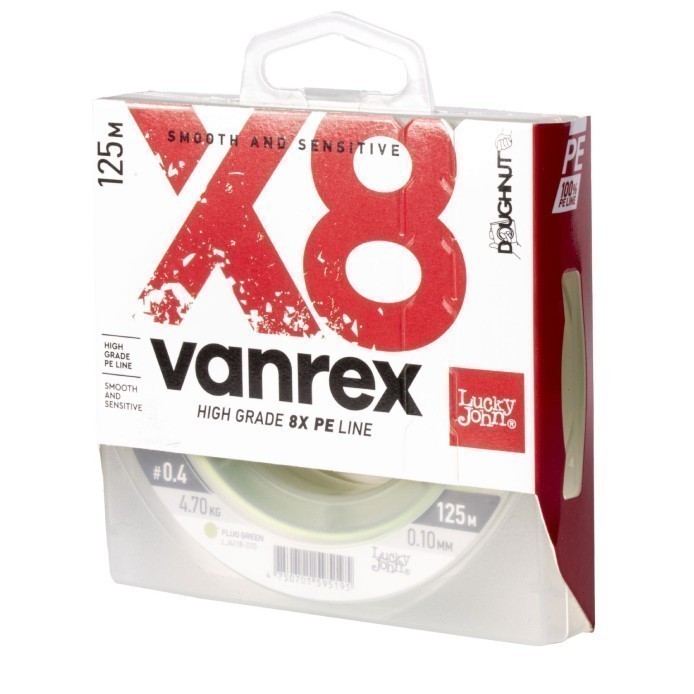 Плетеный шнур Lucky John Vanrex х8 Braid 125 м  PE # 0,4 Fluo Green 0,1 мм   LJ4118-010 — характеристики,
	                                    особенности конструкции