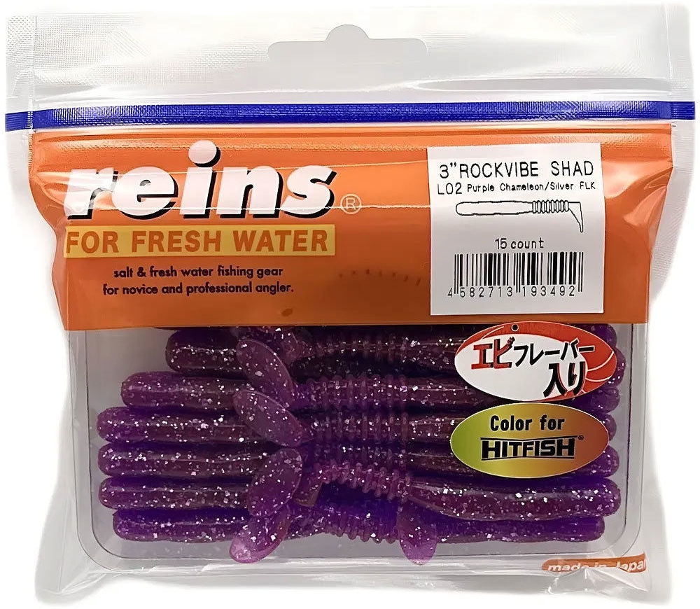 Силиконовая приманка Reins Rockvibe Shad 3 75 мм 12 шт L02-Purple Chameleon/Silver FLK   RSH3-L02 — характеристики,  особенности конструкции