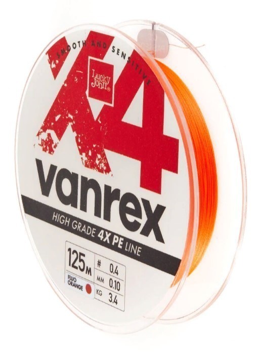 Плетеный шнур Lucky John Vanrex х4 Braid 125 м  PE # 0,4 Fluo Orange 0,1 мм   LJ4113-010 — характеристики,
	                                    особенности конструкции
