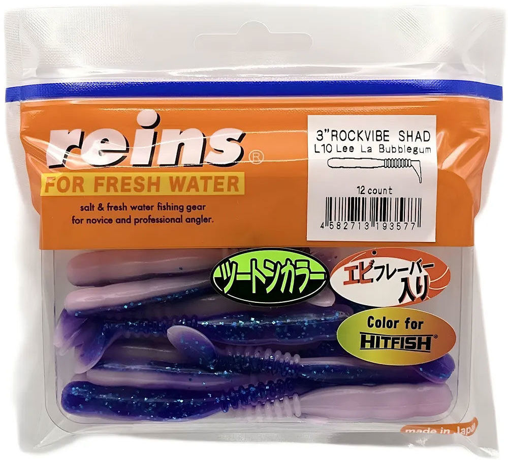 Силиконовая приманка Reins Rockvibe Shad 3 75 мм 12 шт L10-Lee La Bubblegum   RSH3-L10 — характеристики,  особенности конструкции