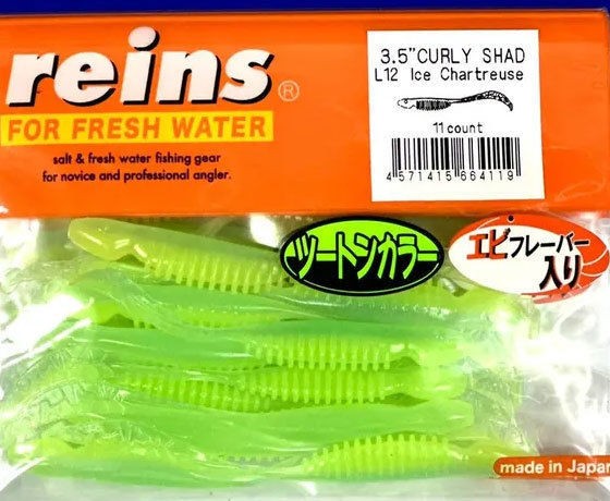 Силиконовая приманка Reins Curly Shad 3.5 90 мм 11 шт L12-Ice Chartreuse   ST3.5-L12 — характеристики,  особенности конструкции