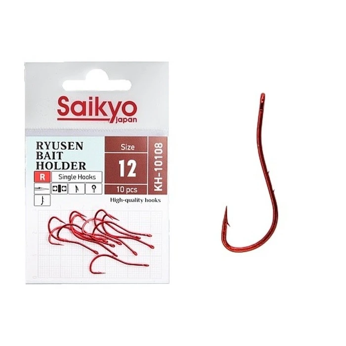 Крючок Одинарный Saikyo KH-10108 Ryusen Bait Holder №12 10 шт R   KH-10108R12-10 — характеристики,  особенности конструкции