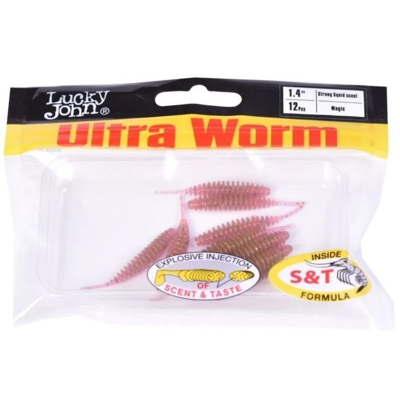 Силиконовая приманка Lucky John Trick Ultraworm 1.4in 35 мм 12 шт S14 Pro Series  140192-S14 — крупный план
	                                    2