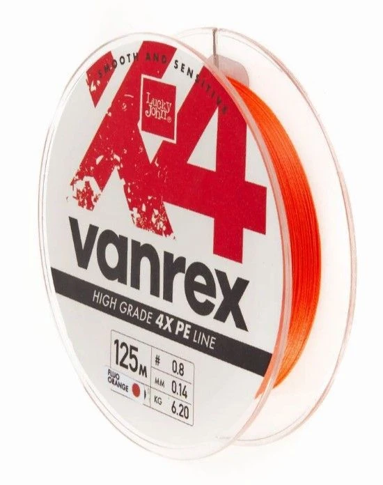 Плетеный шнур Lucky John Vanrex х4 Braid 125 м  PE # 0,8 Fluo Orange 0,14 мм   LJ4113-014 — характеристики,  особенности конструкции