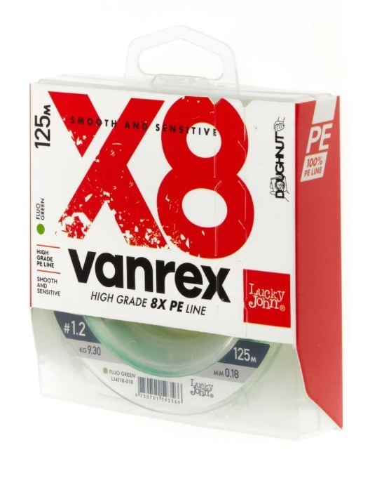 Плетеный шнур Lucky John Vanrex х8 Braid 125 м  PE # 1,2 Fluo Green 0,18 мм   LJ4118-018 — крупный план
	                                    1
