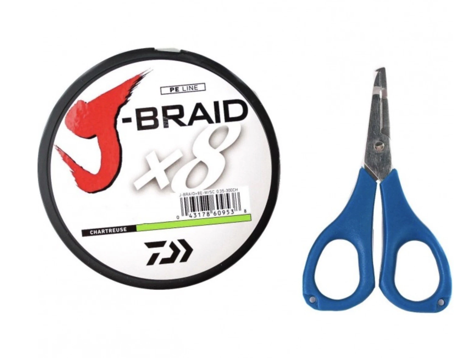 Плетеный шнур Daiwa J-braid X8E-W/SC 300 м  PE # 0,8 Chartreuse 0,1 мм + Ножницы — крупный план
	                                    3