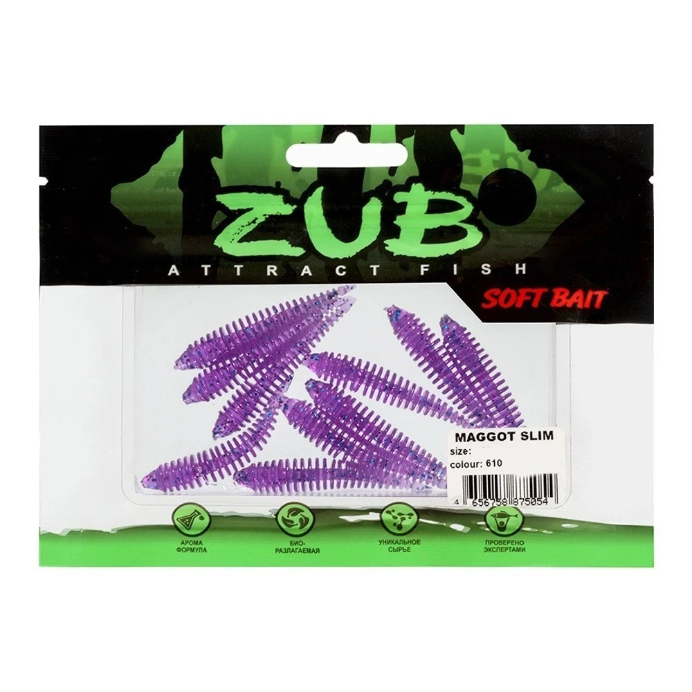 Силиконовая приманка ZUB Maggot Slim 50 мм 10 шт 610 фиолетовый с блестками   LVQ014 — крупный план
	                                    2