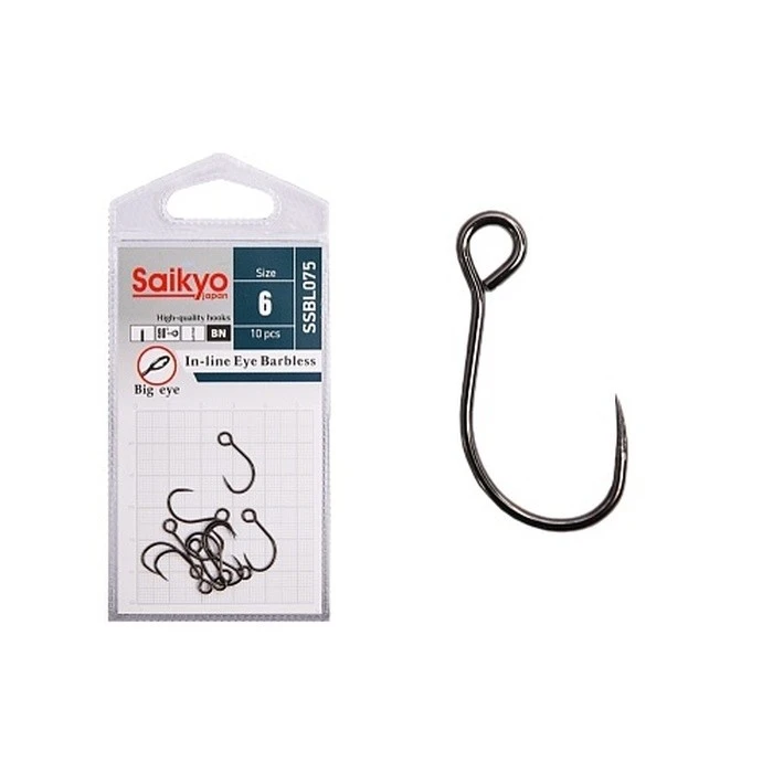 Крючок Одинарный Saikyo SSBL075 In-line Eye Barbless №6 10 шт BN   SSBL075-BN6-10 — характеристики,  особенности конструкции