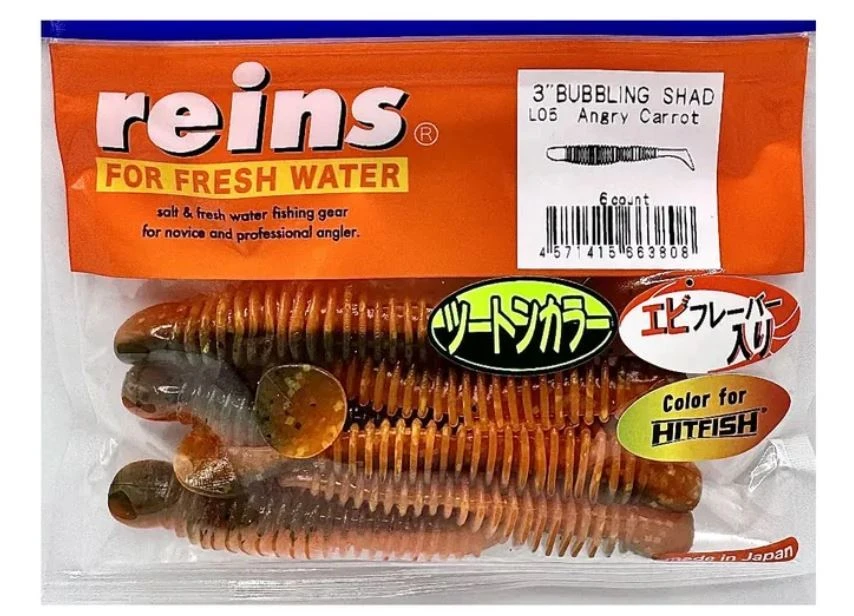 Силиконовая приманка Reins Bubbling Shad 3 76 мм 6 шт L05-Angry Carrot   BS3-L05 — характеристики,  особенности конструкции