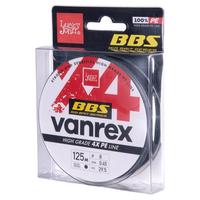 Плетеный шнур Lucky John Vanrex BBS x4 Braid 125 м  PE # 8 Moss Green 0,45 мм   LJ4114-045 — характеристики,
	                                    особенности конструкции