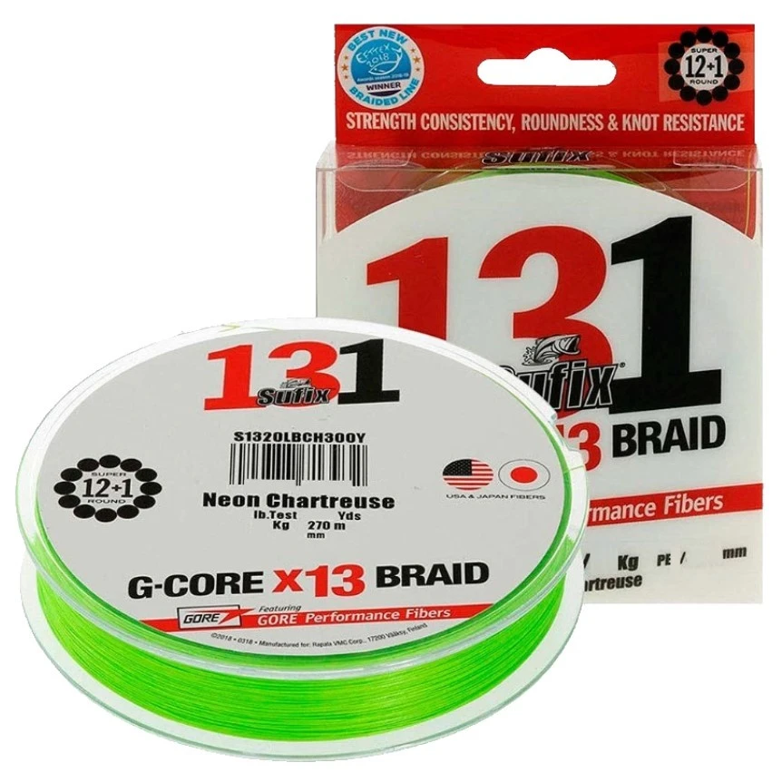 Плетеный шнур Sufix 131 G-Gore х13 150 м  PE # 1,2 Ярко-Зеленый 0,185 мм   S13185CH150 — характеристики,  особенности конструкции