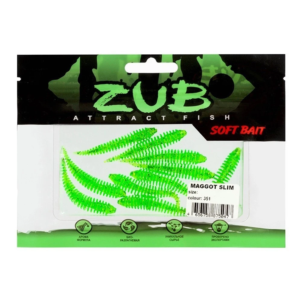 Силиконовая приманка ZUB Maggot Slim 50 мм 10 шт 351 шартрез с блестками   LVQ013 — крупный план
	                                    2