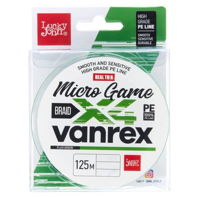 Плетеный шнур Lucky John Vanrex Micro Game x4 Braid 125 м  PE # 0,4 Fluo Green 0,1 мм   LJ4115-010 — характеристики,
	                                    особенности конструкции