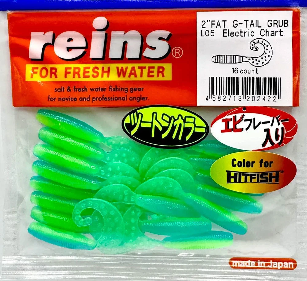 Силиконовая приманка Reins Fat G-Tail Grub 2 50 мм 16 шт L06-Electric Chart   FGTG2-L06 — характеристики,  особенности конструкции