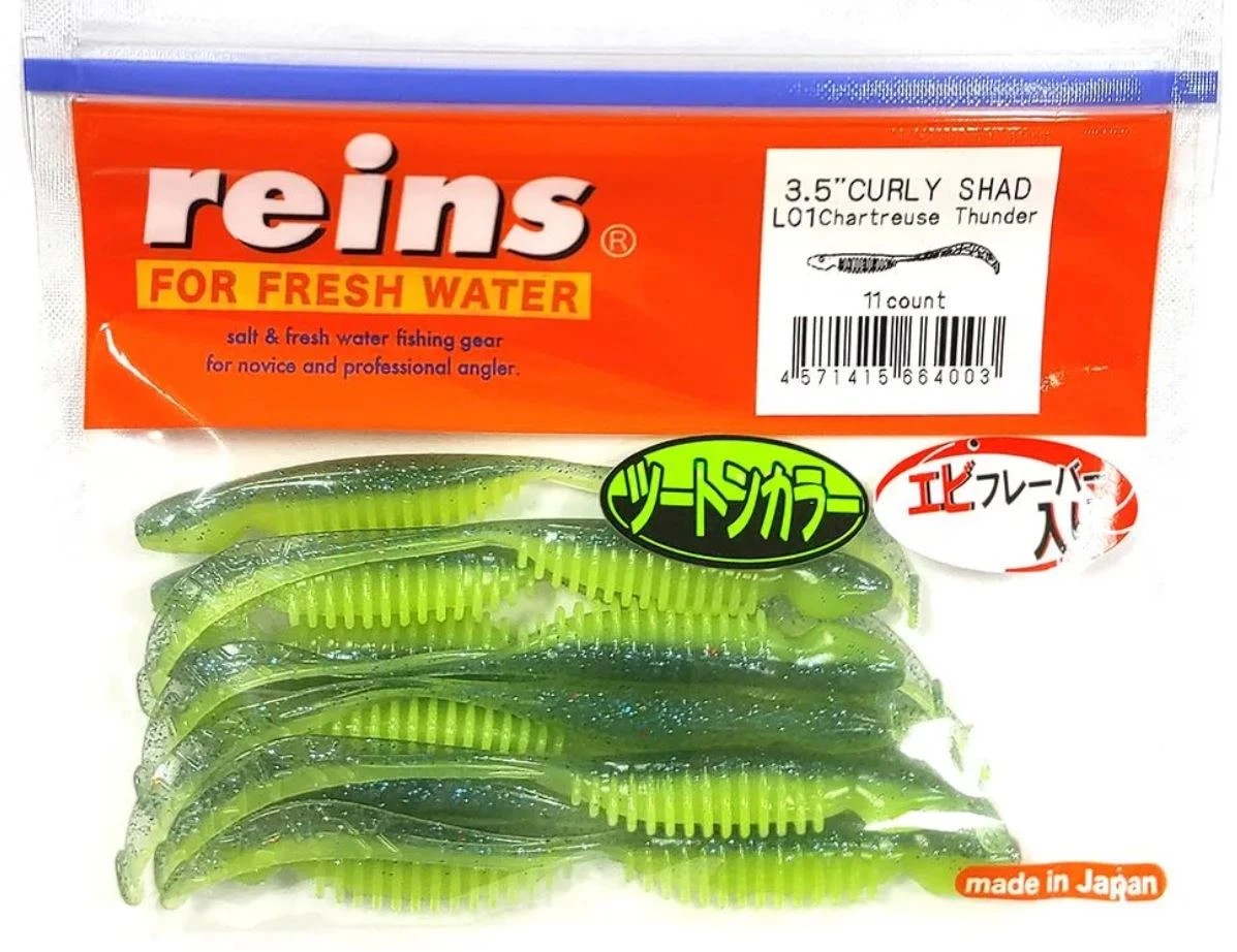 Силиконовая приманка Reins Curly Shad 3.5 90 мм 11 шт L01-Chartreuse Thunder   ST3.5-L01 — характеристики,  особенности конструкции