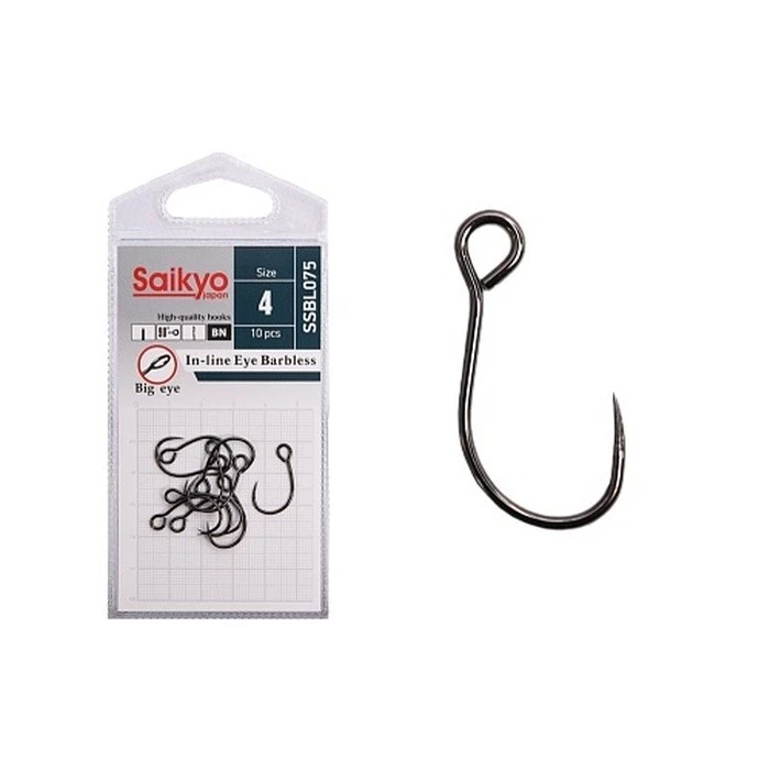 Крючок Одинарный Saikyo SSBL075 In-line Eye Barbless №4 10 шт BN   SSBL075-BN4-10 — характеристики,  особенности конструкции