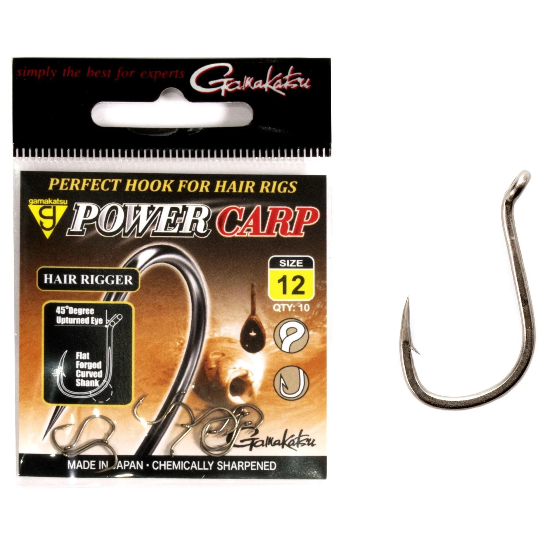 Крючок Одинарный Gamakatsu Powercarp Hair Rigger Eyed Hook №12 10 шт    185170-012 — крупный план
	                                    1